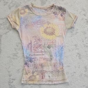 Vintage y2k ONE WORLD Yellow And Pink Rhinestone Flower Tee In Perfect Condition